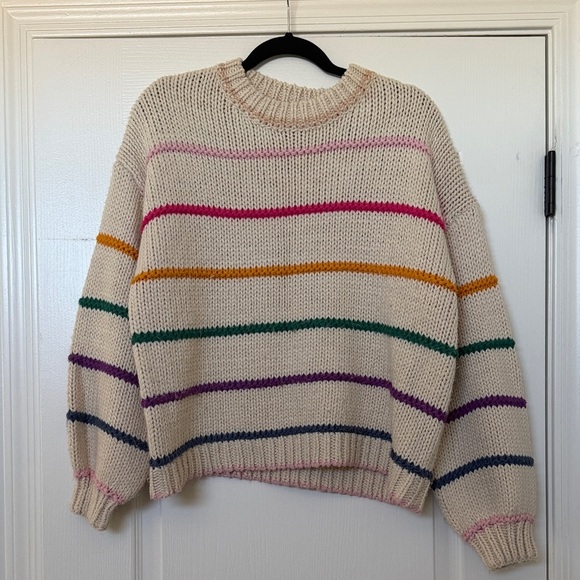 debut Sweaters - debut Cream Crewneck Sweater with Multicolor Stripes